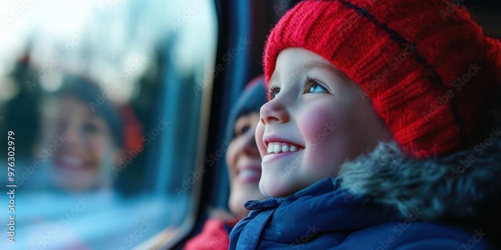 A child and adult, both wearing red winter hats, sit happily on a bus, enjoying the view outside with cheerful expressions, indicating a joyful winter journey. A child and adult, both wearing red winter hats, sit happily on a bus, enjoying the view outside with cheerful expressions, indicating a joyful winter journey.