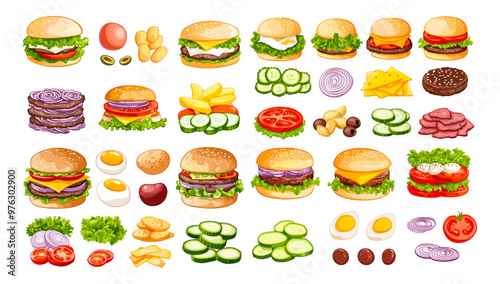 Cartoon burger constructor. Hamburger bread bun onion olive ham cheese egg tomato meat salad beef cucumber potato sandwich cheeseburger fast food isolated elements vector set