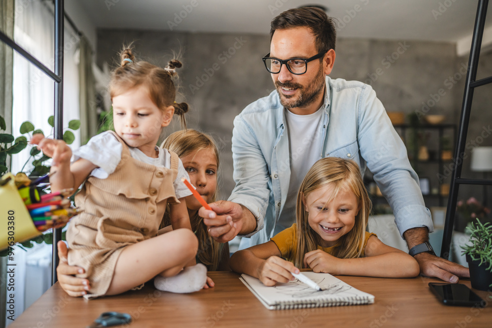Adult single father of three daughters help them to do homework Adult single father of three daughters help them to do homework