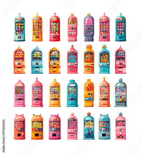 Cartoon chewing gum vending machines. Balls bubblegum colorful capsules round candies sweets, retro selling distributing automated dispensers kiosks, isolated vector set