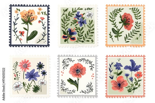 Four colorful stamps featuring various flower designs