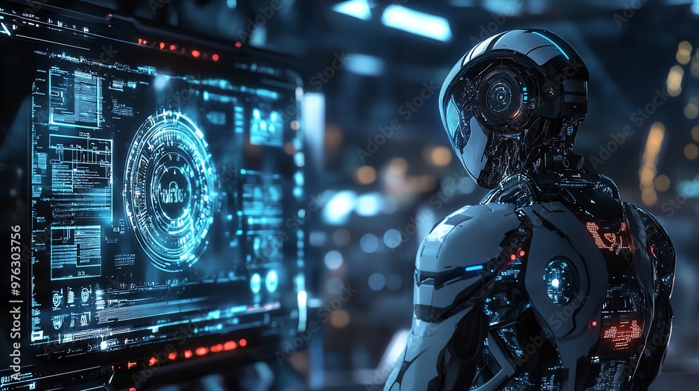 Fototapeta premium Futuristic robot stands in front of a screen with glowing blue digital data.