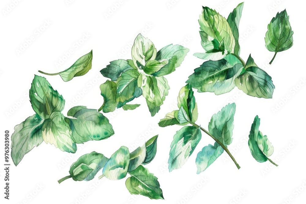 A painting of green leaves on a white background A painting of green leaves on a white background