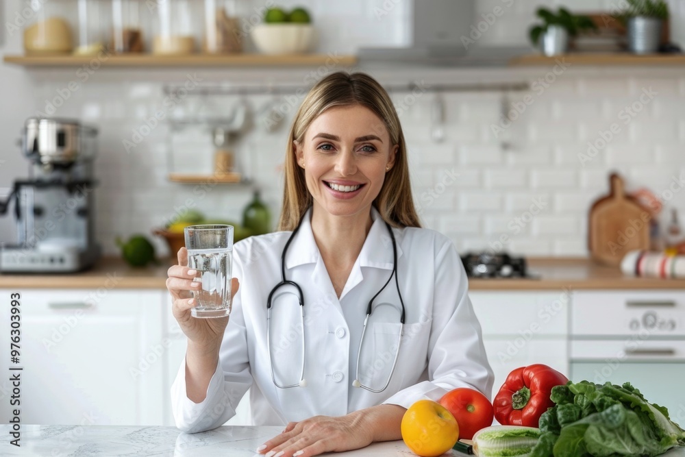 A scientist holds a glass of water while working in a laboratory setting A scientist holds a glass of water while working in a laboratory setting
