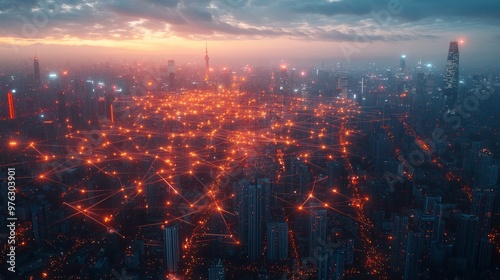 A glowing cluster of cities and population centers is interconnected by bouncing lines, representing global connectivity. #976303901