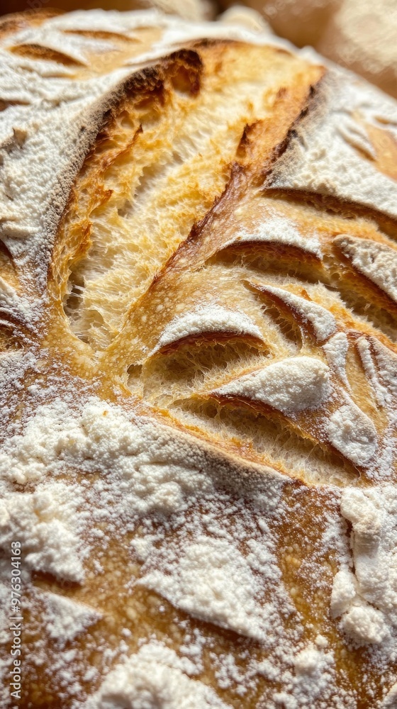 Close-up of crusty artisan bread with detailed texture, homemade baking concept Close-up of crusty artisan bread with detailed texture, homemade baking concept