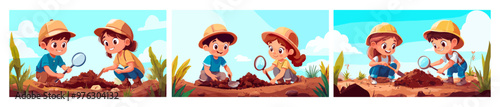 Cartoon children archaeology. Boy girl kids little diggers work on excavations ground pit, soil explorers with shovel and magnifying glass artifacts searching, vector illustrations