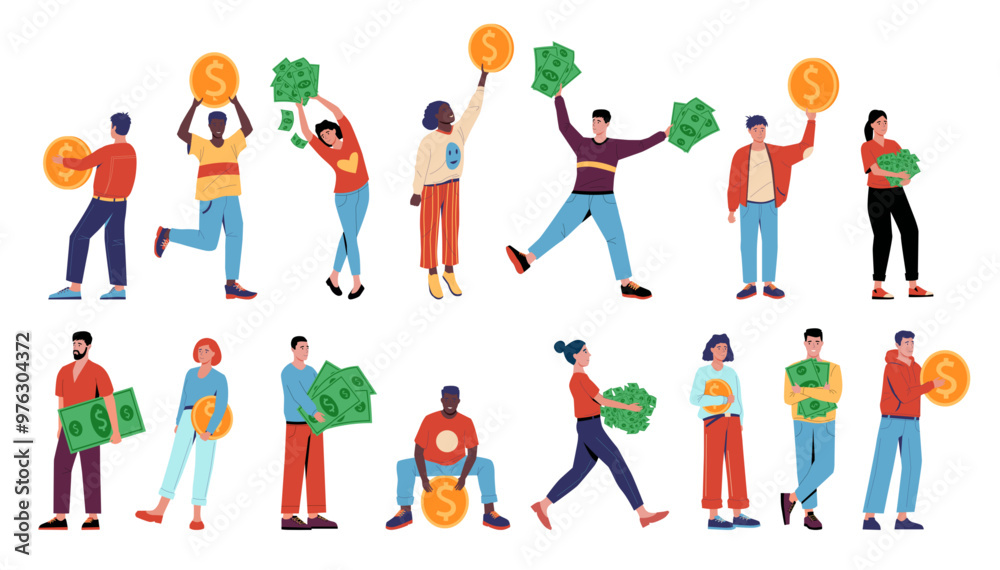 Fototapeta premium People with coins. Cartoon woman holding banknotes heap. Happy man carrying gold cash. Financial profit. Investment success. Money savings. Millionaire poses. Vector rich persons set