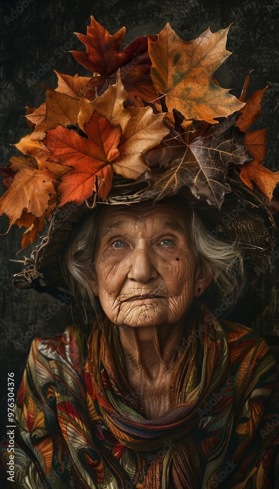 Timeless autumn an enchanting portrait of a wise woman adorned in colorful leaf hat Timeless autumn an enchanting portrait of a wise woman adorned in colorful leaf hat