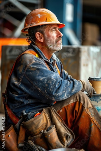 A construction worker takes a break on site, enjoying his morning coffee photo