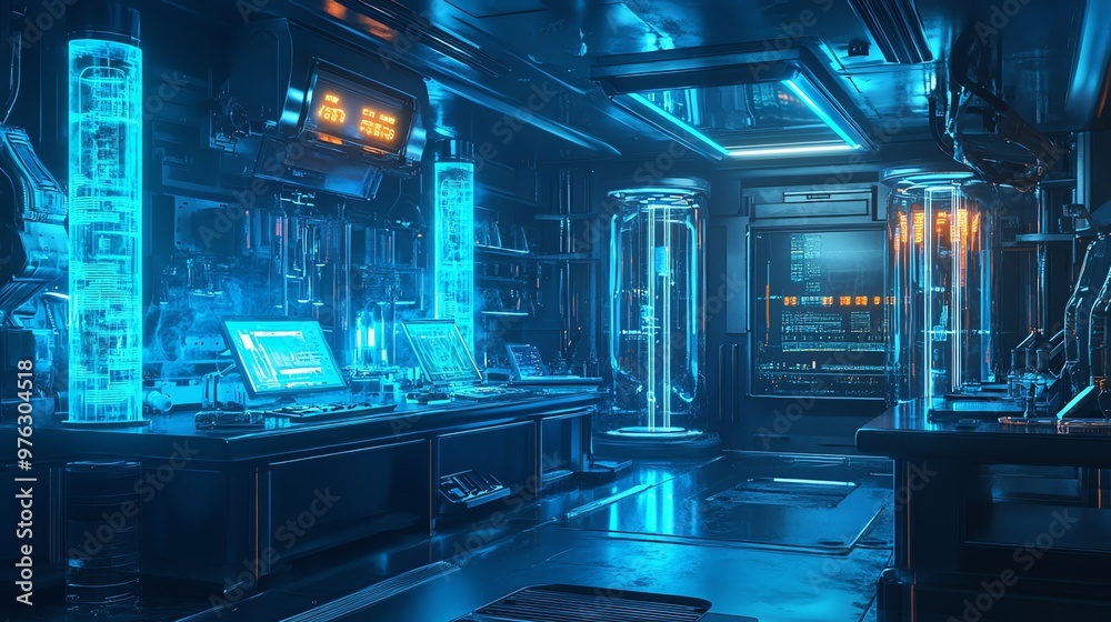 A futuristic laboratory with glowing blue and orange lights, computer screens, and glass cylinders. A futuristic laboratory with glowing blue and orange lights, computer screens, and glass cylinders.