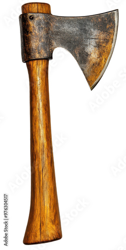 Rusty single-blade axe with brown wooden handle isolated on a transparent background photo