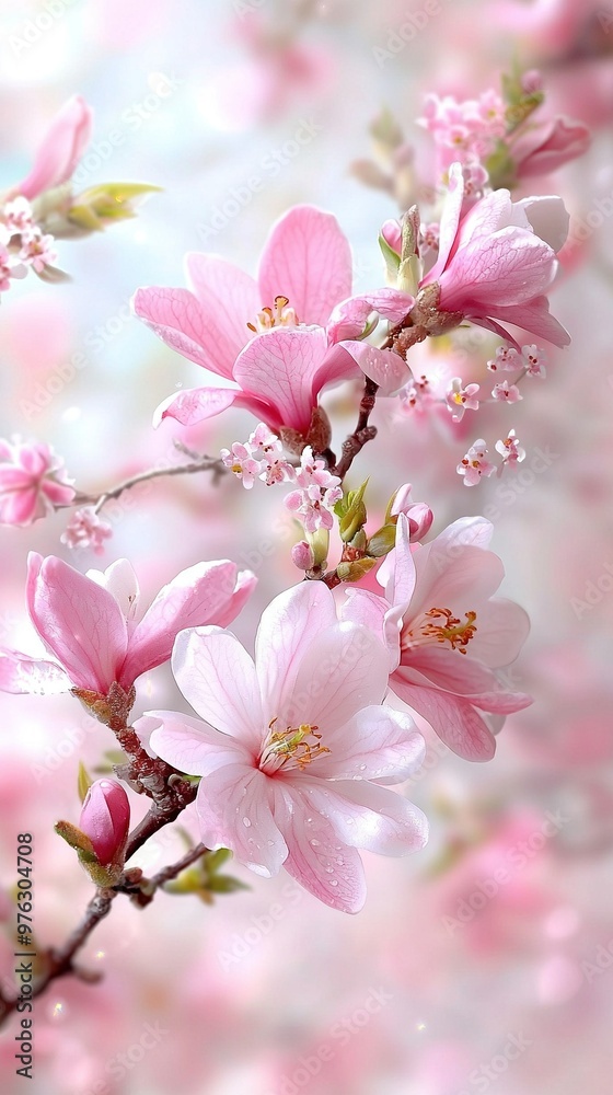 A zoom-in of a tree's branch adorned with pink blooms against a backdrop of blue sky A zoom-in of a tree's branch adorned with pink blooms against a backdrop of blue sky