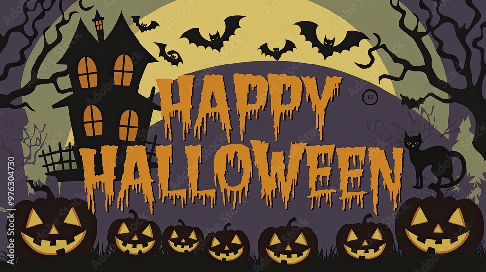 Haunted Halloween scene with bats flying around it. There are pumpkins with jack-o-lanterns, and a black cat, Text Happy Halloween, Great for Card design and posters, for that Halloween party. Haunted Halloween scene with bats flying around it. There are pumpkins with jack-o-lanterns, and a black cat, Text Happy Halloween, Great for Card design and posters, for that Halloween party.