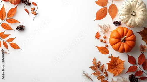   A white table topped with an array of vibrant autumn leaves and a collection of pumpkins on a pristine surface photo