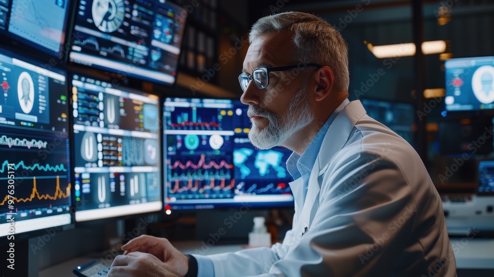 A doctor reviewing a patient’s health data from a remote location, with multiple screens displaying health charts and graphs A doctor reviewing a patient’s health data from a remote location, with multiple screens displaying health charts and graphs