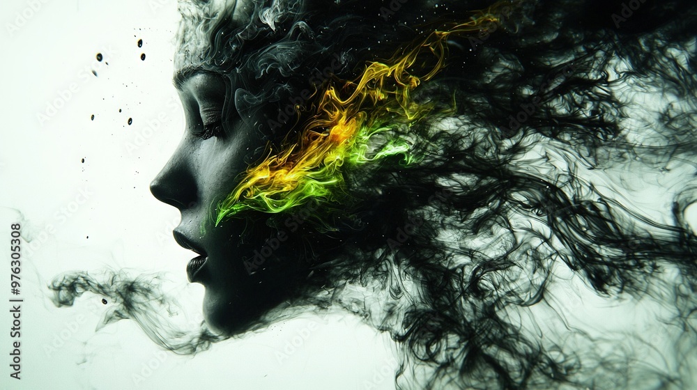Woman with multicolored fire pattern on her face, her hair blowing in wind Woman with multicolored fire pattern on her face, her hair blowing in wind