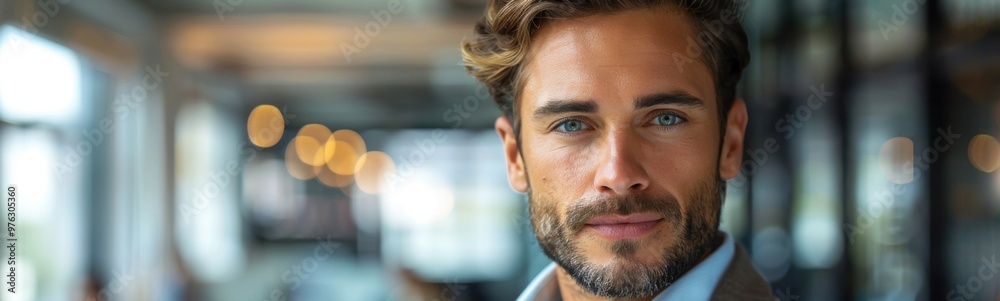 Fototapeta premium Man with a beard and a suit jacket, portrait, banner