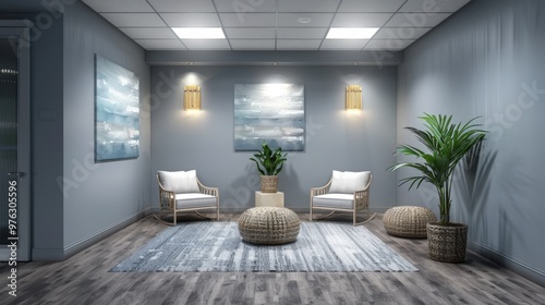 A serene therapy room setup with calming colors, comfortable seating, and therapeutic tools for mental health support