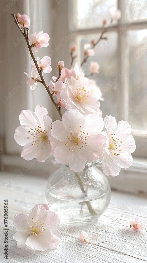  A vase overflowing with vibrant pink blossoms sits atop a pristine white table, adjacent to an expansive window with a sill in the backdrop