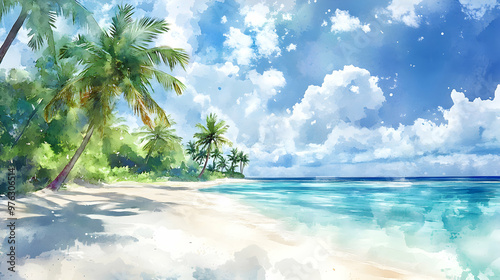 Gentle watercolor rendering of a tropical beach scene with crystal-clear water, soft white sands, and lush palm trees swaying in a gentle breeze under a bright, sunlit sky