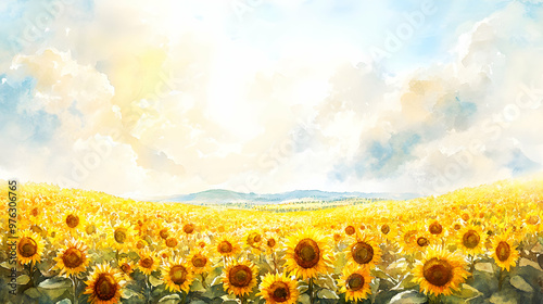 Dreamy watercolor painting of a field of sunflowers stretching towards a bright, cloudy sky, with rich yellows and greens blending seamlessly to capture the sun-drenched warmth