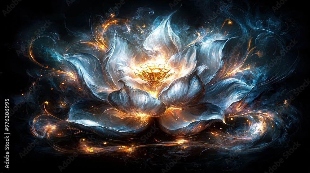 A digital painting of a white flower with blue and yellow swirls on its petals and a golden centerpiece at its center A digital painting of a white flower with blue and yellow swirls on its petals and a golden centerpiece at its center