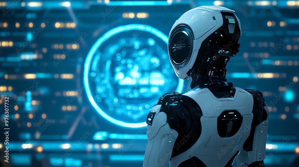 A futuristic robot stands in front of a large screen with a glowing circle, looking at the display. A futuristic robot stands in front of a large screen with a glowing circle, looking at the display.