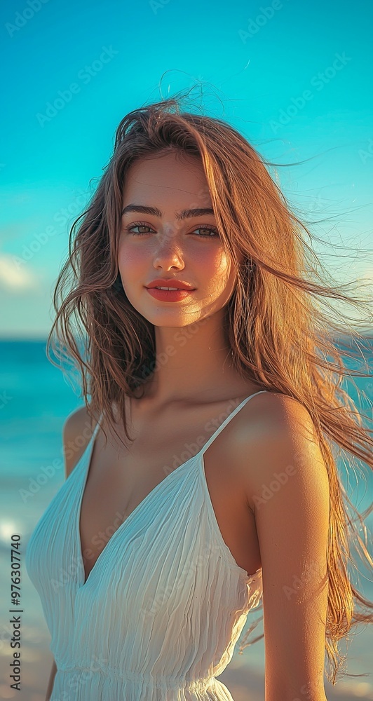 Naklejka premium A beautiful woman, wearing a white dress, light makeup and lipstick, with a blue sky in the background of a beach