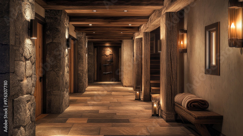A serene hallway in a spa featuring wood and stone elements, creating a calming atmosphere.