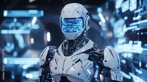 A futuristic robot stands against a digital background.