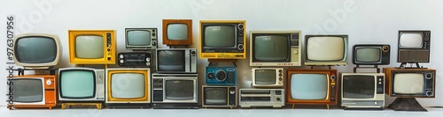 A collection of vintage televisions, each with its own unique design and color scheme, arranged against an isolated white background. The ambient lighting adds depth to the scene.