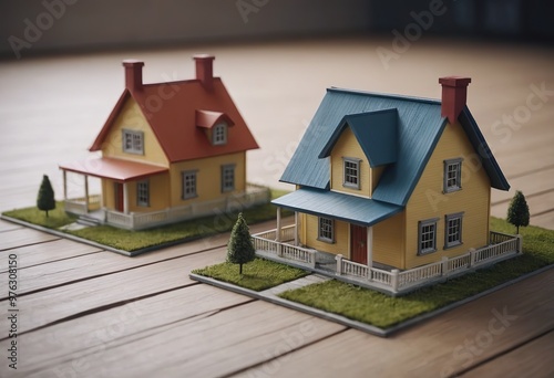 A charming and visually appealing model of a beautiful yellow family house featuring a blue roof