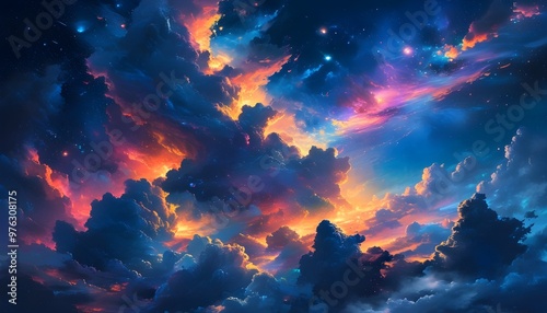 Neon-Lit Celestial Clouds in Deep Space, Vibrant Astral Scene Showcasing Galactic Essence with Surreal Nebulae, Stars, and Ethereal Nighttime Lightscape