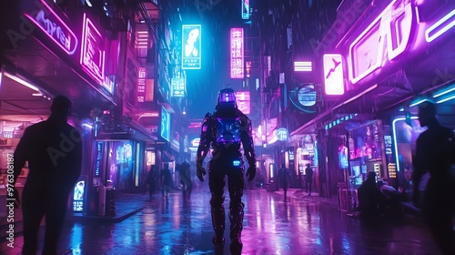 A futuristic city scene with neon lights and a lone figure in a cyberpunk suit.