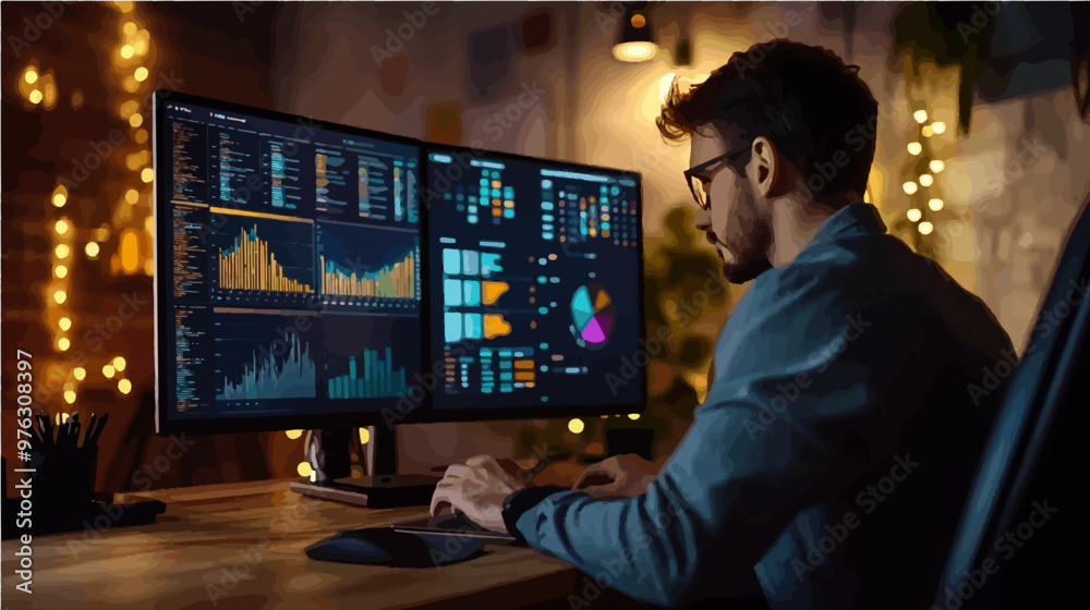 A data scientist working at a desk, surrounded by colorful graphs and charts on multiple monitors. Perfect for tech or data analysis visuals. A data scientist working at a desk, surrounded by colorful graphs and charts on multiple monitors. Perfect for tech or data analysis visuals.