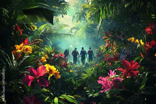 A vibrant jungle with colorful flowers and lush greenery welcomes four explorers. They venture into the unknown. Nature holds many secrets. Generative AI