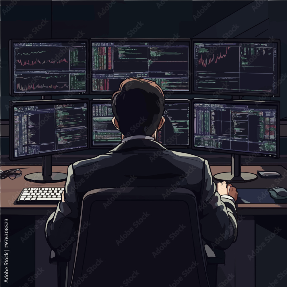 Programmer working late night surrounded by multiple monitors in a modern corporate setting. Perfect for tech, IT, and cybersecurity-related projects. Programmer working late night surrounded by multiple monitors in a modern corporate setting. Perfect for tech, IT, and cybersecurity-related projects.