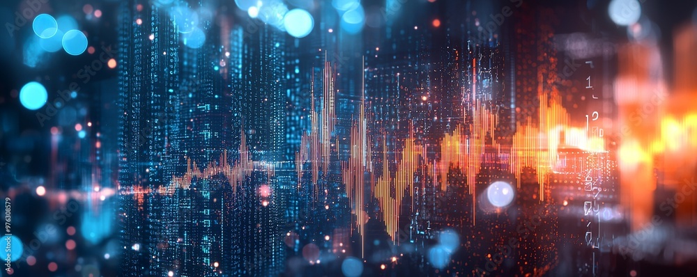 A stock market graph with glowing data points and digital charts, set against an abstract background A stock market graph with glowing data points and digital charts, set against an abstract background