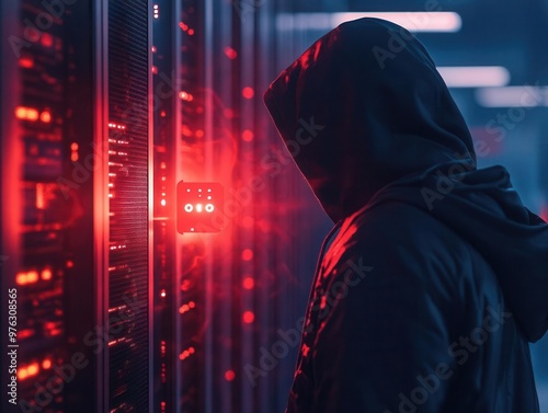 Hooded hacker accessing a companys private network, backdoor exploit visualized as a glowing red entry point into cyberspace