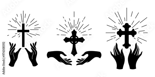 Christian logo. Catholic cross. Hands in pray. Arm gesture. Religious evangelism. Holy prayer. Vintage light effulgence. Faith in God. Biblical sign. Silhouette element. Vector icons set