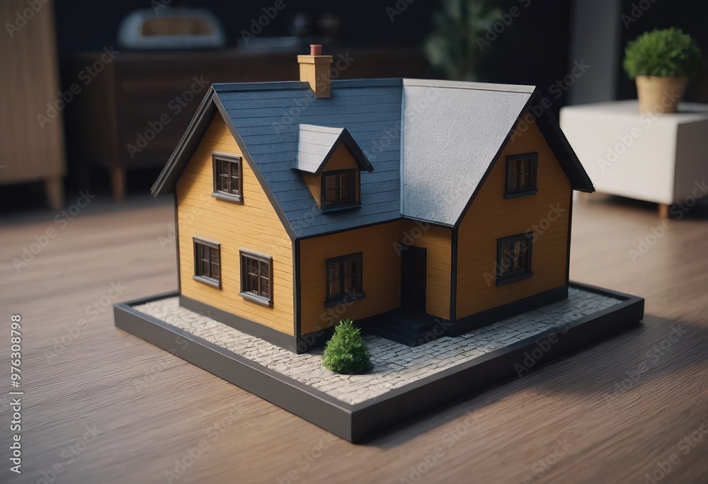 A charming and visually appealing model of a beautiful yellow family house featuring a blue roof
