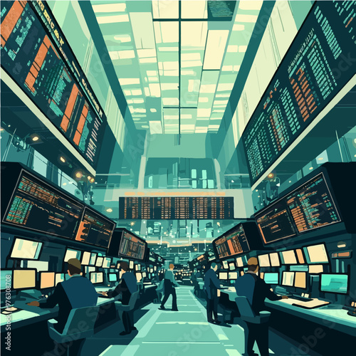 Infographic-style image of a bustling stock exchange floor with traders monitoring stock data on large screens in a futuristic setting.