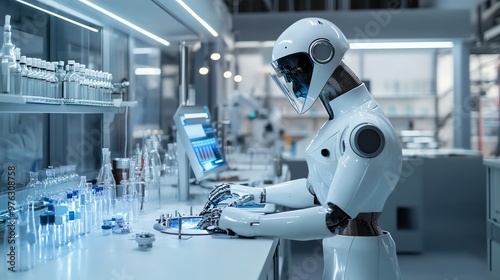 A humanoid robot in a laboratory setting, working on a computer and surrounded by scientific equipment.