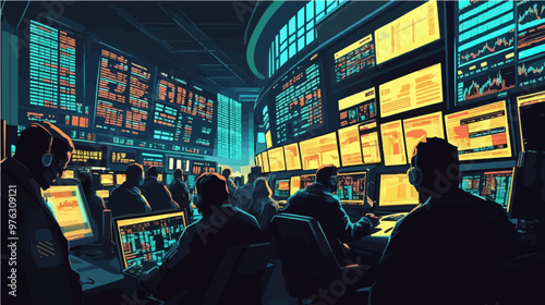 Another angle of a busy trading floor with traders monitoring financial data. Great for business and financial industry visuals.