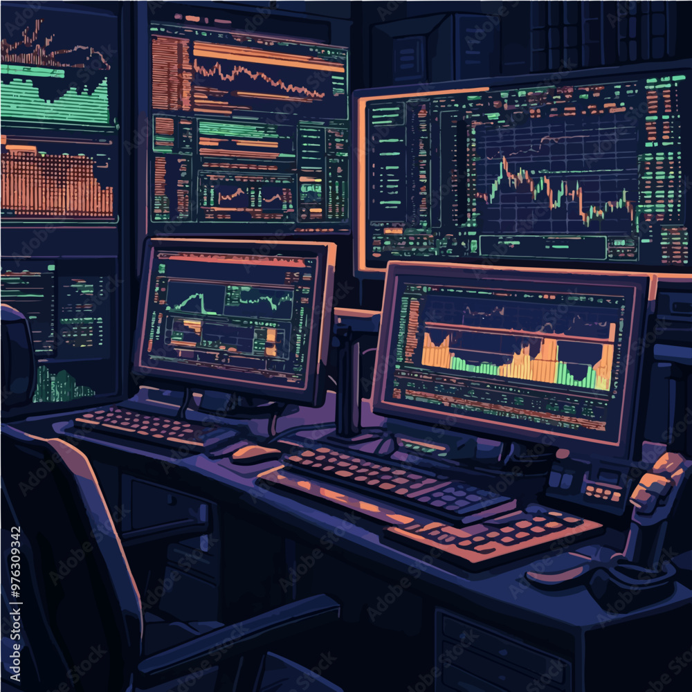 8-bit pixel art showing a workstation filled with multiple computer screens displaying financial charts. Perfect for retro-themed finance visuals. 8-bit pixel art showing a workstation filled with multiple computer screens displaying financial charts. Perfect for retro-themed finance visuals.