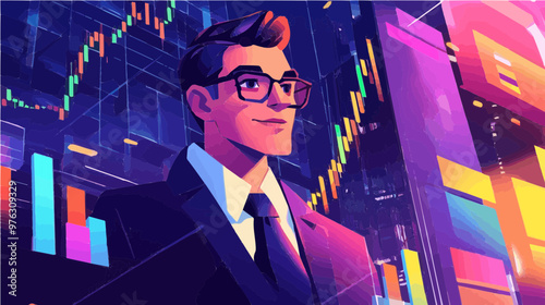 Bright and colorful stock market illustration featuring a happy trader in a suit surrounded by graphs. Great for finance, business, and investment visuals.