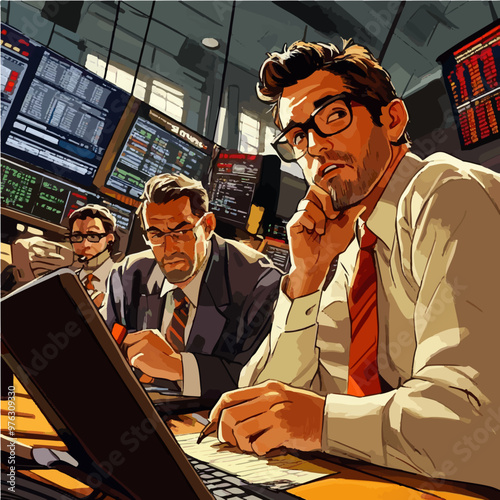 Comic-style image of focused stock traders at work with screens full of data. Perfect for finance, stock market, and investment visuals.