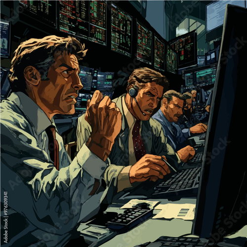 Stock traders intensely focused on data in a digital comic style on a trading floor. Ideal for finance, trading, and stock market content.