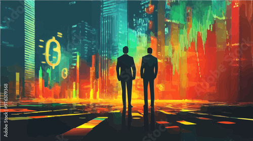 Stylized image of two business professionals standing in front of a futuristic city with stock symbols. Ideal for finance and cryptocurrency visuals.